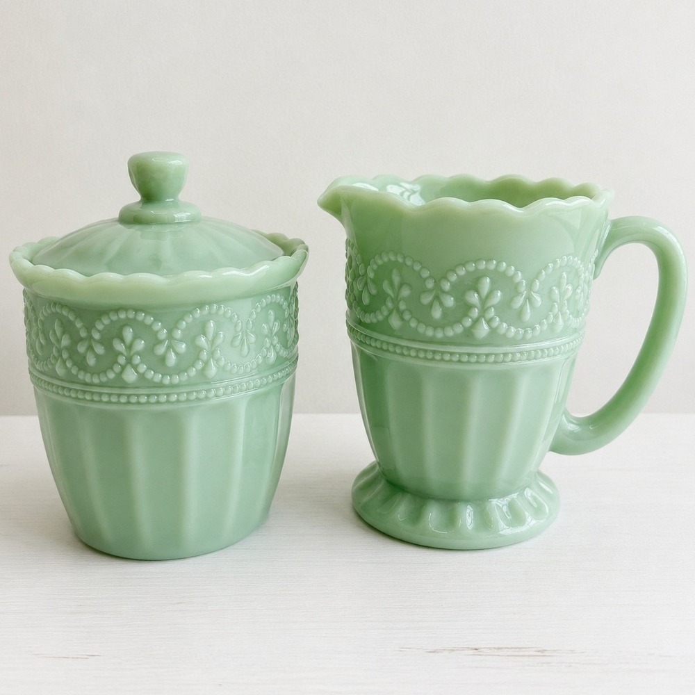 Pioneer Woman Timeless Beauty Jade Green Creamer & Covered Sugar Bowl Set FLAW
